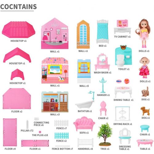  TEMI Dollhouse Dreamhouse Building Toys Figure w/ Furniture, Accessories, Stairs, Pets and Dolls, DIY Cottage Pretend Play Doll House, for Toddlers, Boys & Girls(6 Rooms)