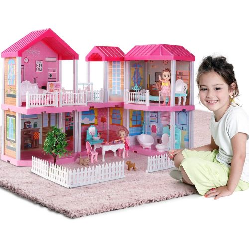  TEMI Dollhouse Dreamhouse Building Toys Figure w/ Furniture, Accessories, Stairs, Pets and Dolls, DIY Cottage Pretend Play Doll House, for Toddlers, Boys & Girls(6 Rooms)