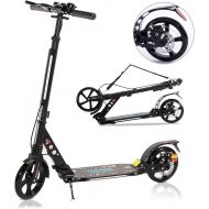 TENBOOM LED Light Up Large Wheels Scooter for Kids Ages 6-12 and Adults with Handbrake, Kick Scooters for Teens 12 Years and Up with Carry Strap and Bell, Easy Fold, Height Adjustable