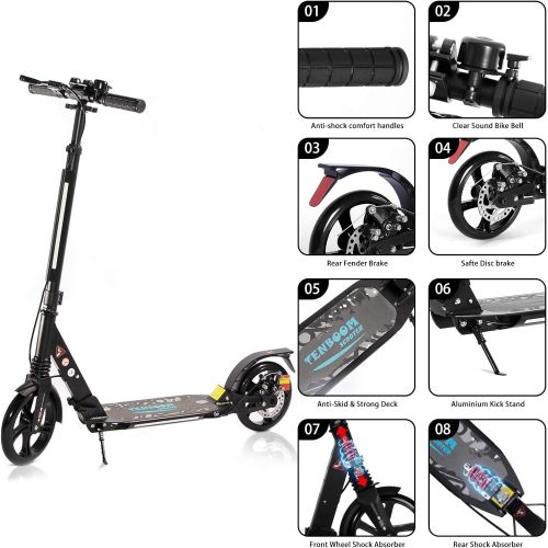  TENBOOM LED Light Up Large Wheels Scooter for Kids Ages 6-12 and Adults with Handbrake, Kick Scooters for Teens 12 Years and Up with Carry Strap and Bell, Easy Fold, Height Adjustable
