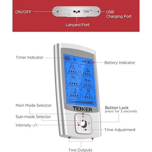  TENKER TENS Unit Muscle Stimulator, 24 Modes TENS EMS Machine for Pain Relief Therapy/Pain Management, Rechargeable Electronic Pulse Massager with 2