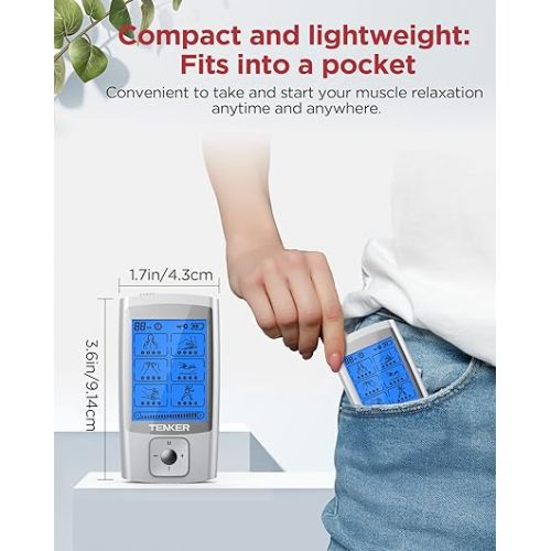  TENKER TENS Unit Muscle Stimulator, 24 Modes TENS EMS Machine for Pain Relief Therapy/Pain Management, Rechargeable Electronic Pulse Massager with 2