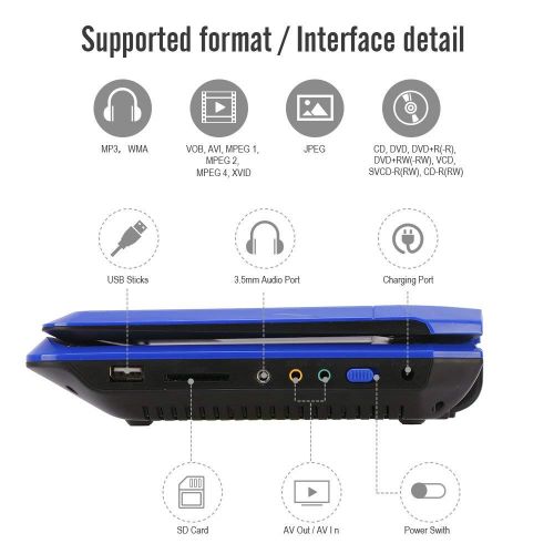  [아마존베스트]TENKER 9.5 Portable DVD Player with Swivel Screen, Rechargeable Battery and SD Card Slot & USB Port, Blue