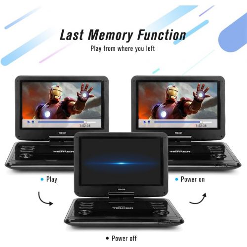  TENKER 14 Portable DVD Player With Swivel Screen, 3 Hours Rechargeable Battery With SD Card Slot And USB Port, Black