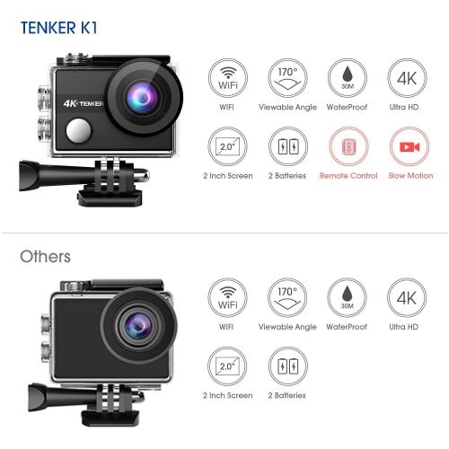  TENKER 4K Action Camera, WiFi 12MP Waterproof Sport Camera 170 Degree Wide View Angle 2.4G Remote Control 2 Rechargeable Underwater Cam Batteries and Kit of Accessories
