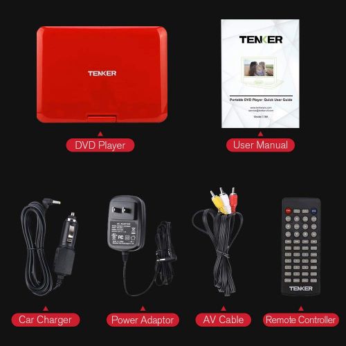  TENKER 12.5 Portable DVD Player, Built-in 5 Hours Rechargeable Battery with 10.5 HD Swivel Screen, Support Remote Control, USB/SD Card Reader, Red