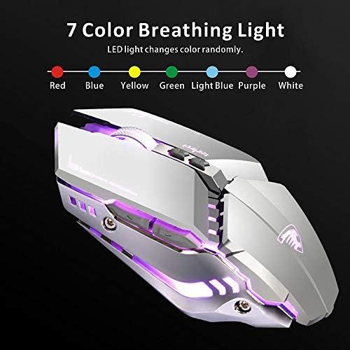  TENMOS T12 Wireless Gaming Mouse Rechargeable, 2.4G Silent Optical Wireless Computer Mice with Changeable LED Light Compatible with Laptop PC, 7 Buttons, 3 Adjustable DPI (Silver)