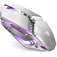 TENMOS T12 Wireless Gaming Mouse Rechargeable, 2.4G Silent Optical Wireless Computer Mice with Changeable LED Light Compatible with Laptop PC, 7 Buttons, 3 Adjustable DPI (Silver)