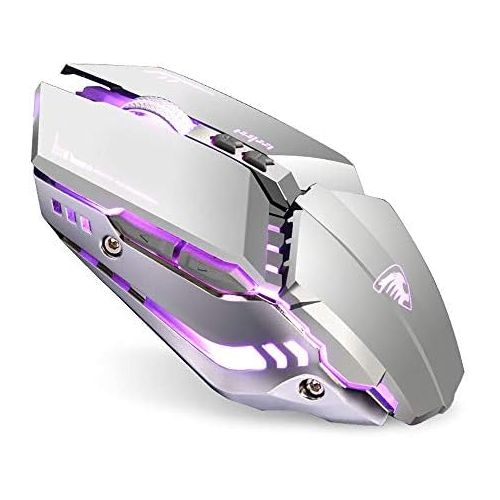  TENMOS T12 Wireless Gaming Mouse Rechargeable, 2.4G Silent Optical Wireless Computer Mice with Changeable LED Light Compatible with Laptop PC, 7 Buttons, 3 Adjustable DPI (Silver)