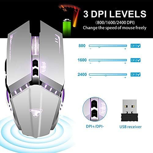  TENMOS T12 Wireless Gaming Mouse Rechargeable, 2.4G Silent Optical Wireless Computer Mice with Changeable LED Light Compatible with Laptop PC, 7 Buttons, 3 Adjustable DPI (Silver)