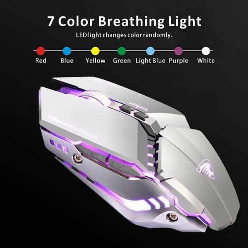  TENMOS T12 Wireless Gaming Mouse Rechargeable, 2.4G Silent Optical Wireless Computer Mice with Changeable LED Light Compatible with Laptop PC, 7 Buttons, 3 Adjustable DPI (Silver)