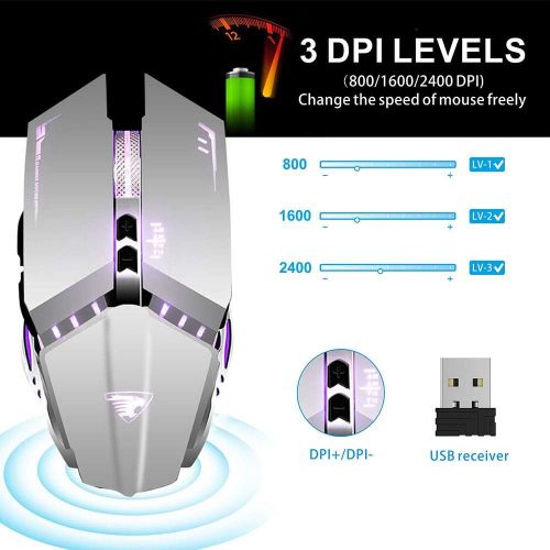  TENMOS T12 Wireless Gaming Mouse Rechargeable, 2.4G Silent Optical Wireless Computer Mice with Changeable LED Light Compatible with Laptop PC, 7 Buttons, 3 Adjustable DPI (Silver)