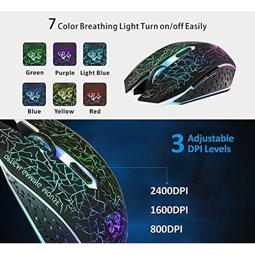  TENMOS M2 Wireless Gaming Mouse, Silent Rechargeable Optical USB Computer Mice Wireless with 7 Color LED Light, Ergonomic Design, 3 Adjustable DPI Compatible with Laptop/PC/Noteboo