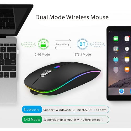  [아마존베스트]TENMOS Wireless Bluetooth Mouse, LED Slim Dual Mode (Bluetooth 5.1 + USB) 2.4GHz Rechargeable Silent Bluetooth Wireless Mouse with Type C Adapter for Laptop/MacBook/iPad OS 13 and