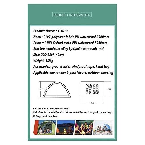  Marke: TENT-Z TENT-Z Doppelschicht-Hydraulik Zelt - Doppeltuer-Zelt fuer 3-4 Personen mit automatischer Reise Zelt，Verwendet in Parks, Camping, Strande, Picknicks, Angeln，200 * 230 * 140cm