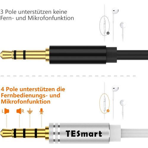  [아마존베스트]TESmart 3.5 mm stereo aux extension cable, 4-pin headphone extension cable, TPE material, headset cable for mobile phone, MP3, PC, tablet etc. (2 m / white)