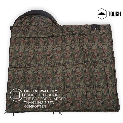  TETON Tough Outdoors The Colossal Winter Double Sleeping Bag - XXL Hooded Sleeping Bag - Perfect for Camping. Temperature Range 20-50°F. Fits Adults up to 71. Ripstop Water Resistant She
