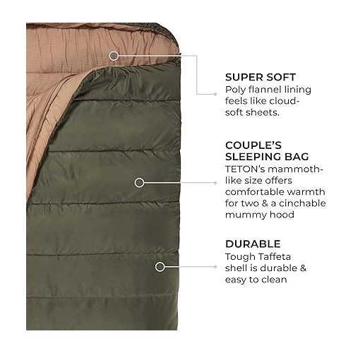  TETON Mammoth, 20 Degree and 0 Degree Sleeping Bags, Double Sleeping Bag, A Warm Bag the Whole Family can Enjoy. Great Sleeping Bag for Camping, Hunting and Base Camp. Compression Sack Included