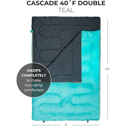  TETON Sports Cascade Double Sleeping Bag; Lightweight, Warm and Comfortable for Family Camping, Teal, 87