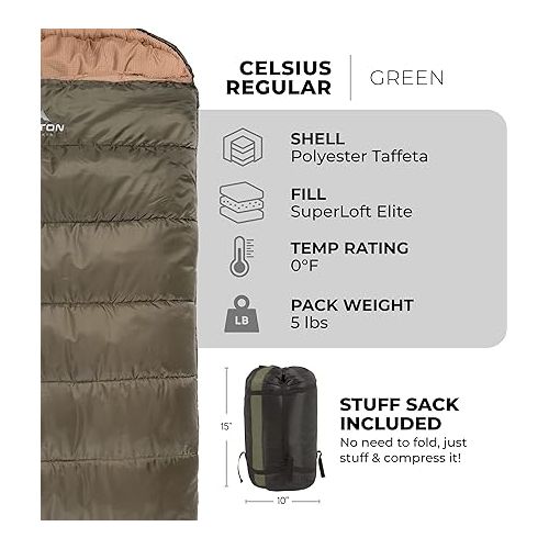  Teton Celsius Regular, -25, 20, 0 Degree Sleeping Bags, All Weather Bags for Adults and Kids Camping Made Easy and Warm Compression Sack Included