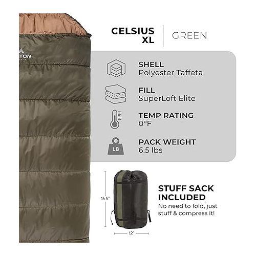  TETON Celsius XL, -25, 20, 0 Degree Sleeping Bags, Durable and Warm Sleeping Bag for Adults and Kids. Camping Made Easy….and Warm. Compression Sack Included