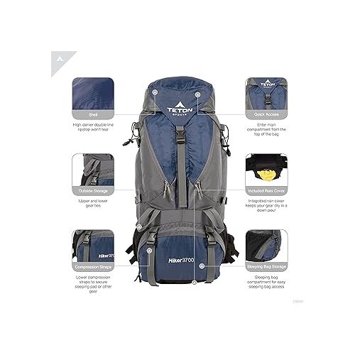  TETON Sports Hiker 3700 Ultralight Internal Frame High-Performance Backpack for Hiking, Camping, Travel, and Outdoor Activities; 60L, Navy