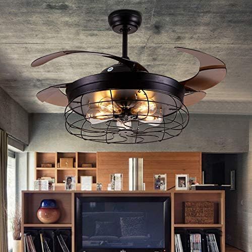  [아마존 핫딜] TFCFL Ceiling Fan with Light 42 Inch Industrial Ceiling Fan Retractable Blades Vintage Cage Chandelier Fan with Remote Control, 5 Edison Bulbs Needed Not Included (42 Vintage Black)