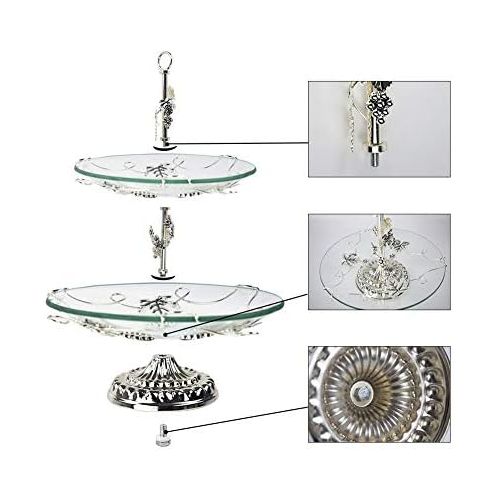  TFCFL Cake Stands 2 Tier, Fruit Bowl Tray Holder Dessert Stand Cake Plate Serving Platter with Round Glass Plate & Stainless Steel Holder for Wedding Birthday Dessert Cupcake Pedestal Di