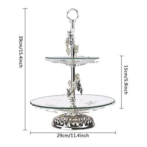  TFCFL Cake Stands 2 Tier, Fruit Bowl Tray Holder Dessert Stand Cake Plate Serving Platter with Round Glass Plate & Stainless Steel Holder for Wedding Birthday Dessert Cupcake Pedestal Di