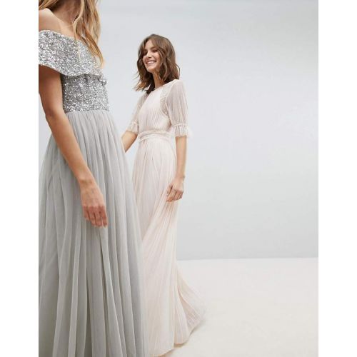  TFNC Pleated Maxi Bridesmaid Dress With Spot Mesh Frill Detail