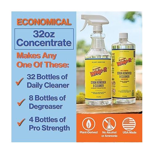  Whip-It All Natural Enzyme Cleaner Stain Fighting Kit - Professional Strength Stain Remover Spray 32oz and Concentrate Multi-Purpose Stain Remover 32oz - Made in the USA