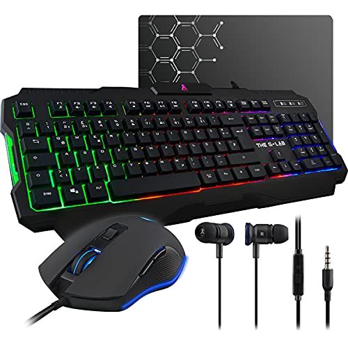  [아마존베스트]THE G-LAB G-LAB Combo HELIUM - 4-in-1-Gaming-Paket - beleuchtete QWERTZ-Spielertastatur, 3200-DPI-Spielermause, In-Ear-Kopfhoerer, rutschfeste Mausunterlage - PC Mac PS4 Xbox One Spielerset