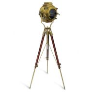 THORINSTRUMENTS (with device) Nautical Antique Finish Brass Spotlight Searchlight Wooden Tripod Floor Lighting Stand Vintage Home Decor