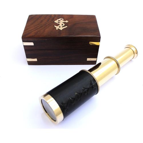  [아마존베스트]THORINSTRUMENTS (with device) 6 Nautical Handheld Pirate Brass Telescope with Anchor on Wooden Box , Sailor Home Decor Toy Gift