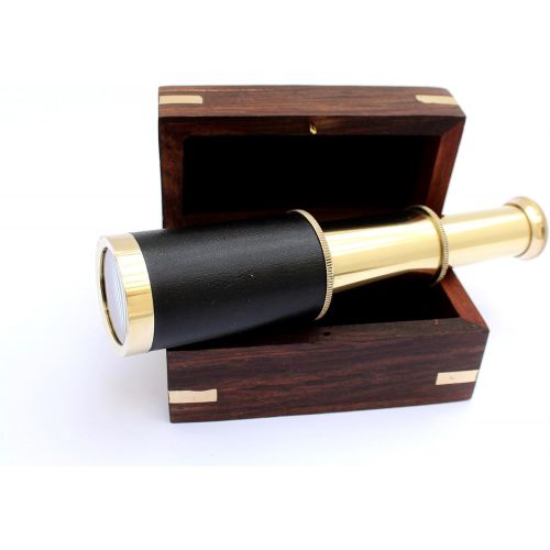  [아마존베스트]THORINSTRUMENTS (with device) 6 Nautical Handheld Pirate Brass Telescope with Anchor on Wooden Box , Sailor Home Decor Toy Gift