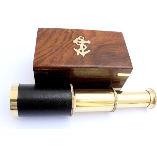  [아마존베스트]THORINSTRUMENTS (with device) 6 Nautical Handheld Pirate Brass Telescope with Anchor on Wooden Box , Sailor Home Decor Toy Gift