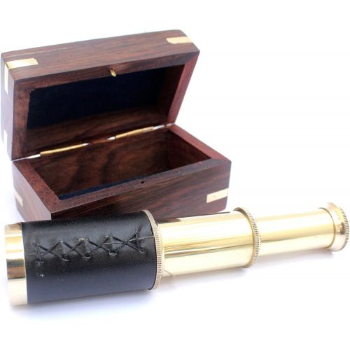  [아마존베스트]THORINSTRUMENTS (with device) 6 Nautical Handheld Pirate Brass Telescope with Anchor on Wooden Box , Sailor Home Decor Toy Gift