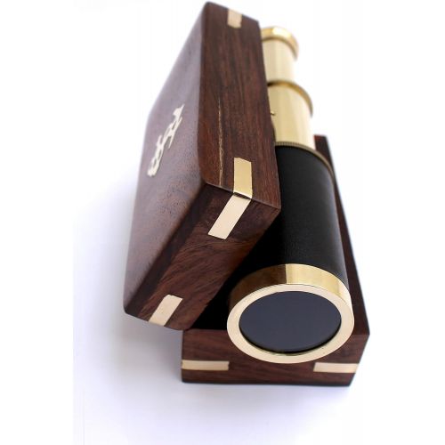  [아마존베스트]THORINSTRUMENTS (with device) 6 Nautical Handheld Pirate Brass Telescope with Anchor on Wooden Box , Sailor Home Decor Toy Gift