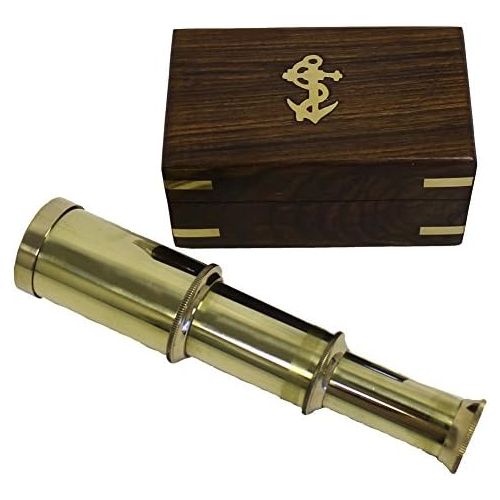 [아마존베스트]THORINSTRUMENTS (with device) 6 Solid Brass Handheld Telescope - Nautical Pirate Spy Glass with Wood Box