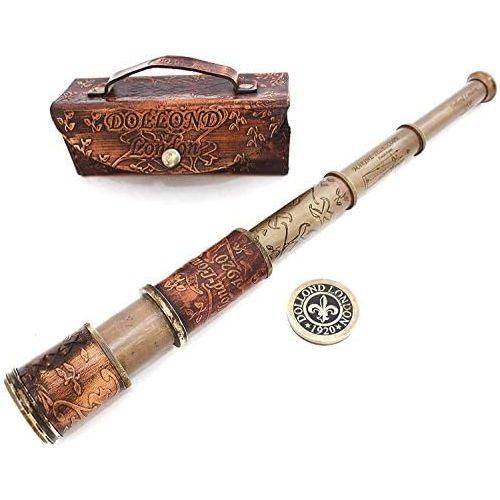  [아마존베스트]THORINSTRUMENTS (with device) Nautical Handheld Pirate Brass Telescope with Box / Case ,Sailor Home Decor Pirate Captain Boat Toy Gift (14, Dollond)