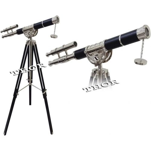  [아마존베스트]THORINSTRUMENTS (with device) Solid Brass Floor Standing Double Barrel Telescope Black Leather W/Tripod Home Decor