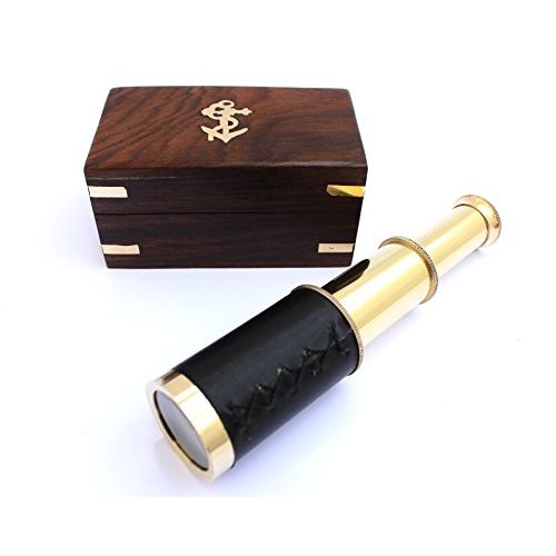  [아마존베스트]THORINSTRUMENTS (with device) 6 Nautical Handheld Pirate Brass Telescope with Anchor on Wooden Box, Sailor Home Decor Toy Gift