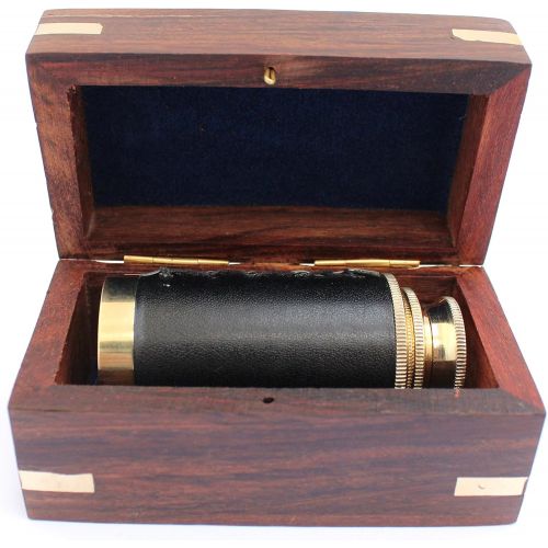  [아마존베스트]THORINSTRUMENTS (with device) 6 Nautical Handheld Pirate Brass Telescope with Anchor on Wooden Box, Sailor Home Decor Toy Gift