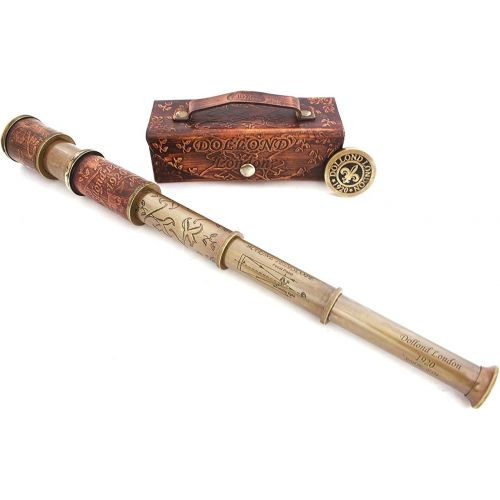  [아마존베스트]THORINSTRUMENTS (with device) Nautical Handheld Pirate Brass Telescope with Box/Case,Sailor Home Decor Pirate Captain Boat Toy Gift (14, Dollond)