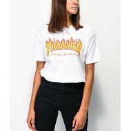 THRASHER Thrasher Flame Logo White Boyfriend Fit T-Shirt