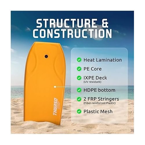  THURSO SURF 42'' Body Boards for Beach Pool Lightweight PE Core IXPE Deck HDPE Bottom FRP Stringers High Performance Body Board with Double Swivel Surf Leash and Bodyboard Bag Lightning