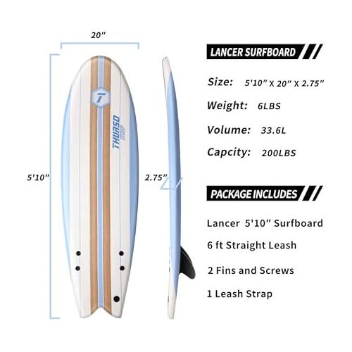  THURSO SURF Lancer 5'10'' Soft Top Foam Surfboard Fish Surf board for Kids & Adults Includes Twin Fins Double Swivel Leash EPS Core IXPE Deck HDPE Slick Bottom Non-Slip Deck Grip - Perfect for Surfing