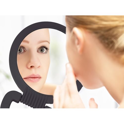  TI Style Double Sided Pedestal Mirror Stand - Vanity Round Mirror with 1x and 5x Magnification - Adjustable Handle and Portable Free-Standing Mirror for Travel, Shaving, Bathrrom, Tabletop,