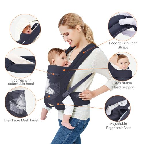  TIANCAIYIDING Infant Toddler Baby Carrier Wrap Backpack Front and Back, Hip Seat & Hood, Soft & Breathable Cotton, Cool Air Mesh, Black