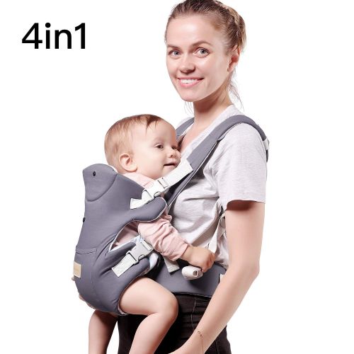  TIANCAIYIDING Ergonomic Baby Carrier Wrap with Hip Seat Soft Breathable Cotton Hood Air Mesh Front and Backpack Grey